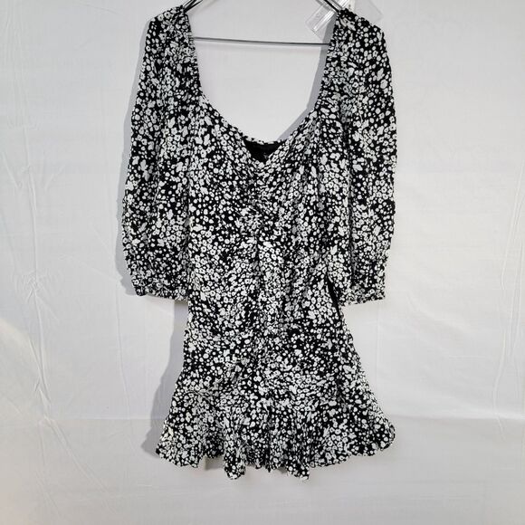 Zara Ruffle Viscose Ruched Mini Puff Sleeves Fit Flare Retro 70's Floral Dress - Picture 4 of 9